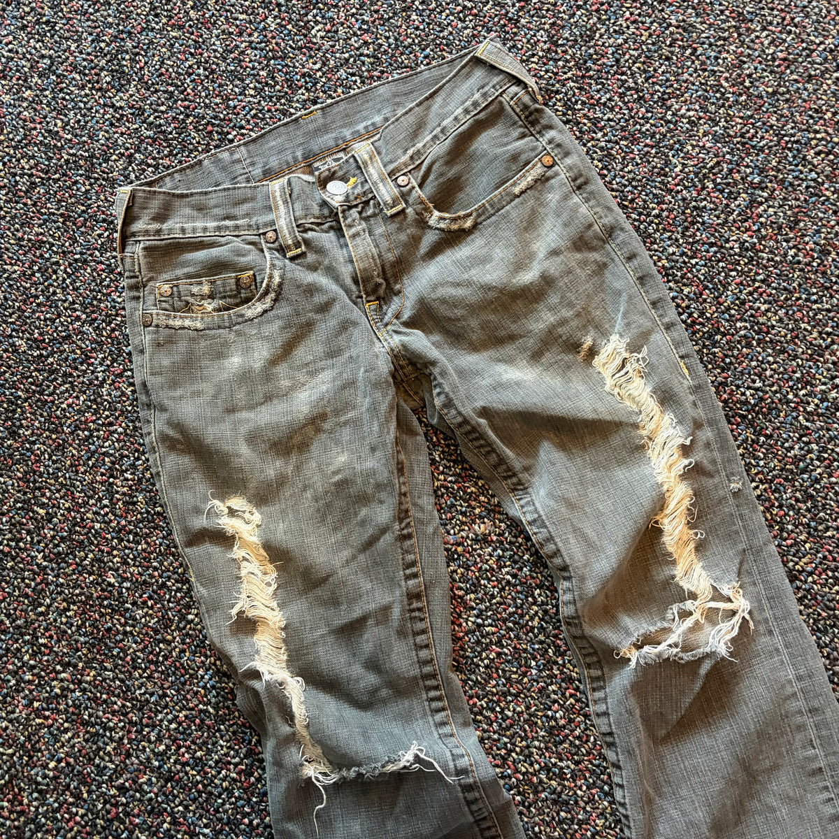 Y2K True Religion Grey Bobby Cut Distressed Denim
